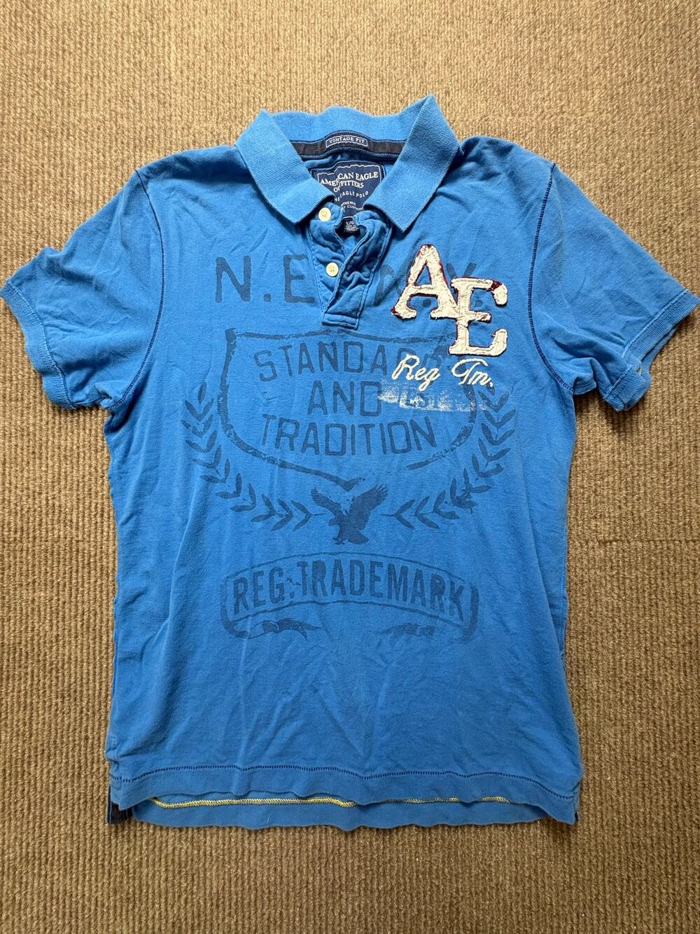Vintage American Eagle Mens Blue Polo Shirt Logo Collared Short Sleeves Sz L